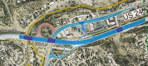 Manitou Springs' cloverleaf interchange is shown with the
current westbound on- and off-ramps to Manitou Avenue
eliminated, to be replaced by ramps east of the interchange
(the light blue), in part to allow access for westbound traffic
before Highway 24 starts uphill into Ute Pass.
courtesy of Colorado Department of Transportation 